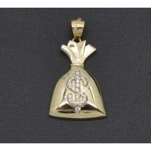 Real 10K Solid Yellow Gold 38mm CZ Dollar Money Bag Textured Charm Pendant 2.3gr